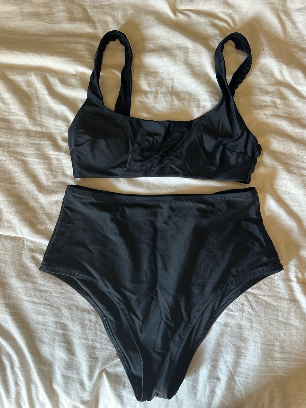 AERIE Swim Set with Blue Floral Triangle Top & Black High-Waist Bottom - Picture 2 of 5